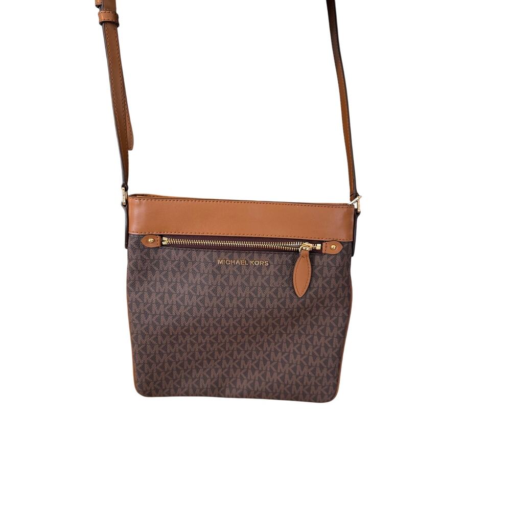 Michael Kors Signature Logo Crossbody Bag Brown Tan Gold Zip Shoulder Purse